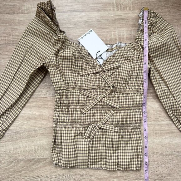 NWT Reformation Lauryn Checkered Quarter Sleeve Bow Top Brown 8 - Picture 10 of 17